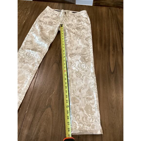 Cache Floral Lace Jacquard Print Skinny Jeans Gold/Off White lowrise Pants 2 - Picture 6 of 13